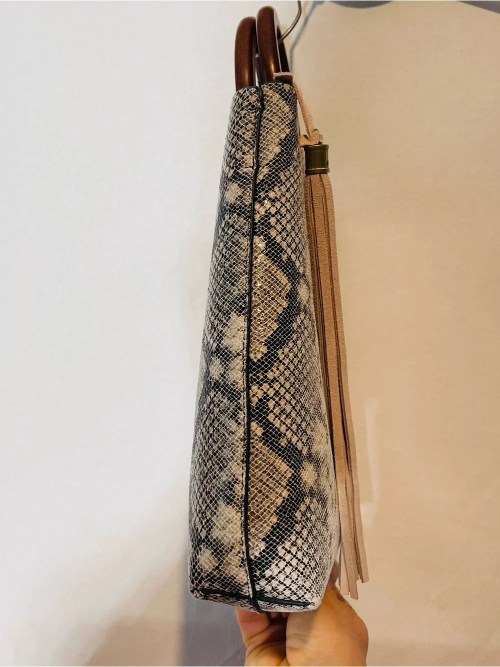 Street Level Nela Snakeskin Print Ring Handle Satchel Bag Grey Black